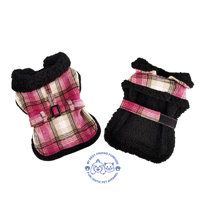 Sherpa Lined Dog Harness Coat - Designer Classic with Warm Fleece Collar & Leash - High-Quality Cotton/Polyblend Outer - My Best Friend Furever