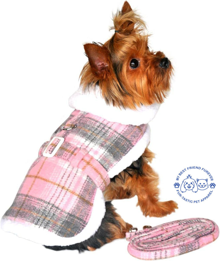 Sherpa Lined Dog Harness Coat - Designer Classic with Warm Fleece Collar & Leash - High-Quality Cotton/Polyblend Outer - My Best Friend Furever