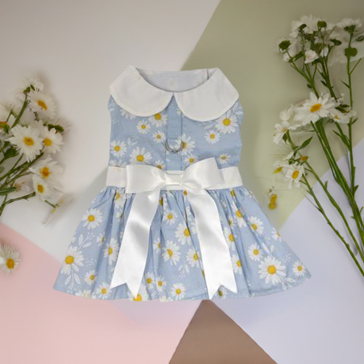 Blue Daisy Harness Dress with Matching Leash - My Best Friend Furever