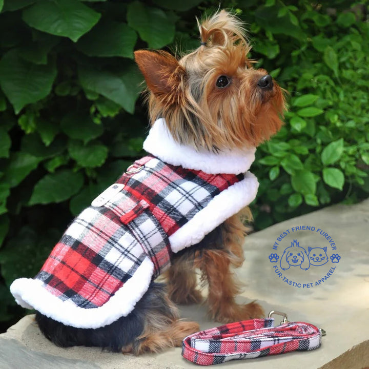 Sherpa Lined Dog Harness Coat - Designer Classic with Warm Fleece Collar & Leash - High-Quality Cotton/Polyblend Outer - My Best Friend Furever
