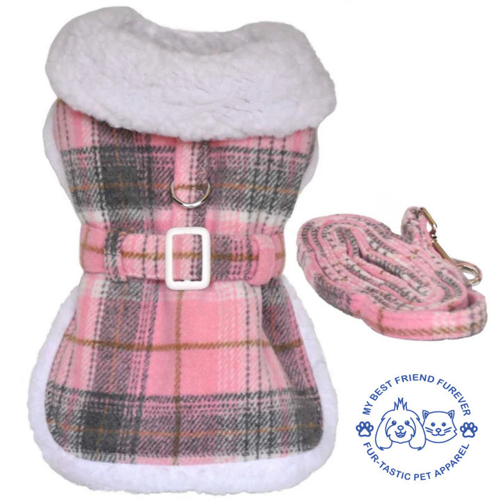 Sherpa Lined Dog Harness Coat - Designer Classic with Warm Fleece Collar & Leash - High-Quality Cotton/Polyblend Outer - My Best Friend Furever