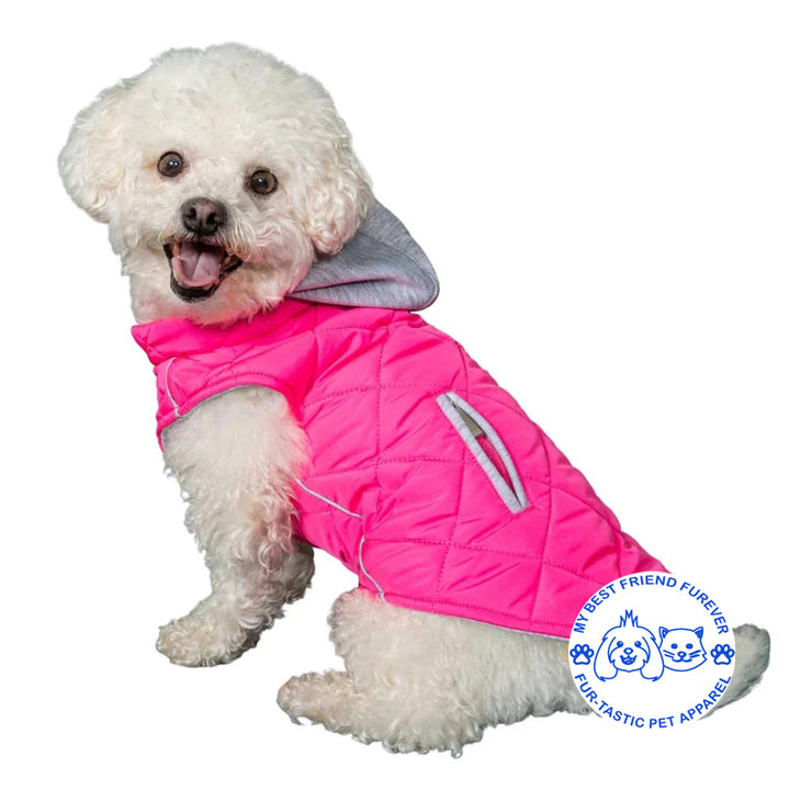 Quilted Weekender Dog Sweatshirt Hoodie -Zip-Off Hood & Reflective Stripes - Cozy Jersey Lined Puffer for Pets - My Best Friend Furever