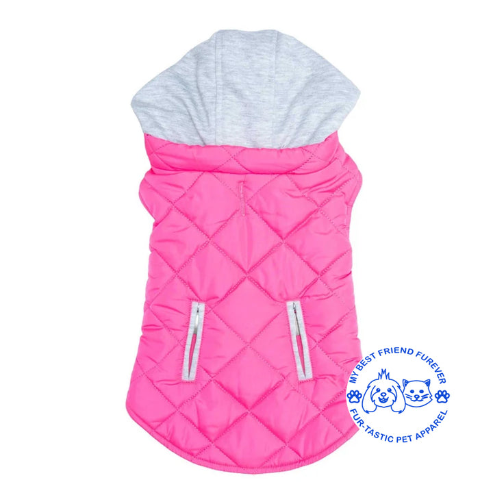 Quilted Weekender Dog Sweatshirt Hoodie -Zip-Off Hood & Reflective Stripes - Cozy Jersey Lined Puffer for Pets - My Best Friend Furever