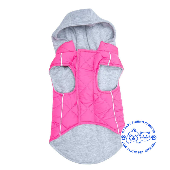 Quilted Weekender Dog Sweatshirt Hoodie -Zip-Off Hood & Reflective Stripes - Cozy Jersey Lined Puffer for Pets - My Best Friend Furever