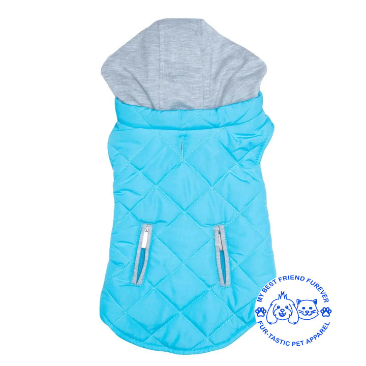 Quilted Weekender Dog Sweatshirt Hoodie -Zip-Off Hood & Reflective Stripes - Cozy Jersey Lined Puffer for Pets - My Best Friend Furever