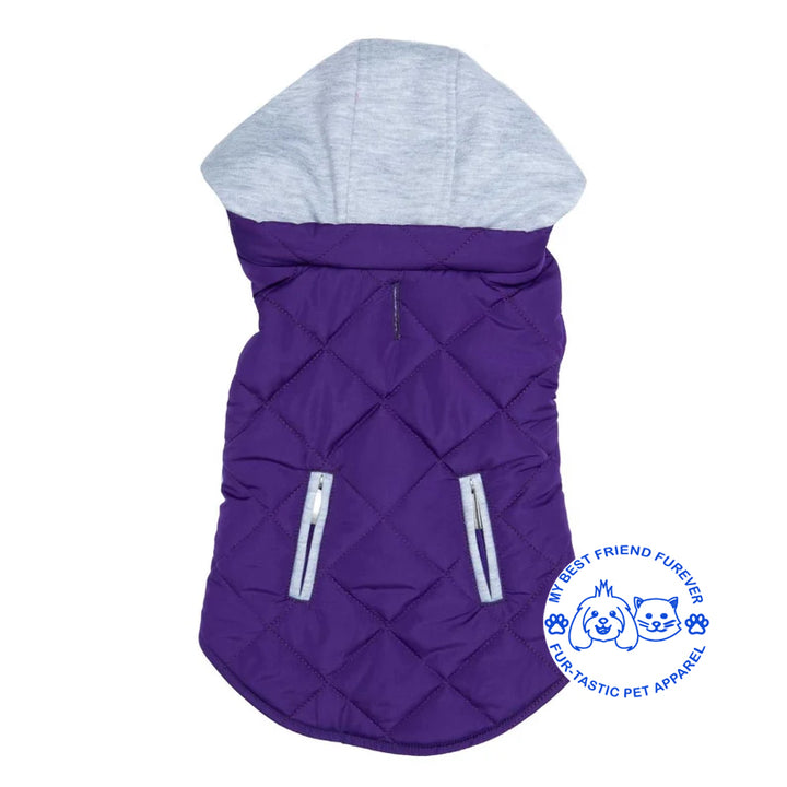 Quilted Weekender Dog Sweatshirt Hoodie -Zip-Off Hood & Reflective Stripes - Cozy Jersey Lined Puffer for Pets - My Best Friend Furever