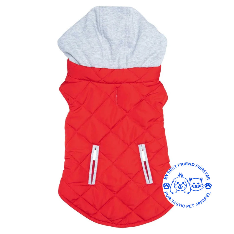 Quilted Weekender Dog Sweatshirt Hoodie -Zip-Off Hood & Reflective Stripes - Cozy Jersey Lined Puffer for Pets - My Best Friend Furever