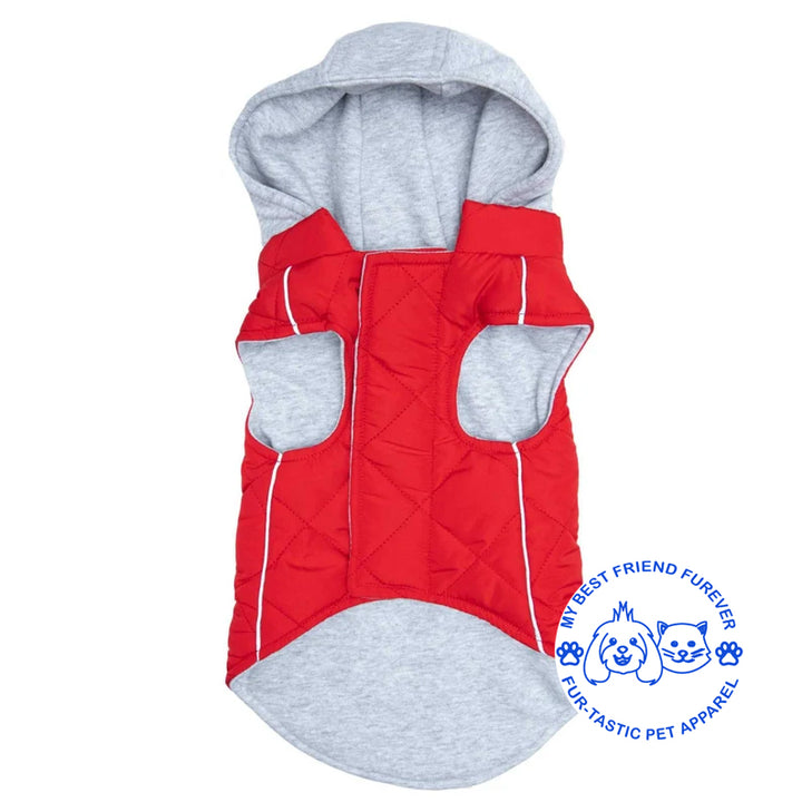 Quilted Weekender Dog Sweatshirt Hoodie -Zip-Off Hood & Reflective Stripes - Cozy Jersey Lined Puffer for Pets - My Best Friend Furever
