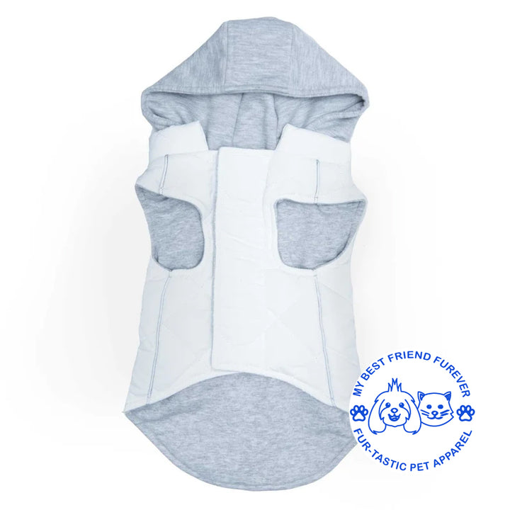 Quilted Weekender Dog Sweatshirt Hoodie -Zip-Off Hood & Reflective Stripes - Cozy Jersey Lined Puffer for Pets - My Best Friend Furever