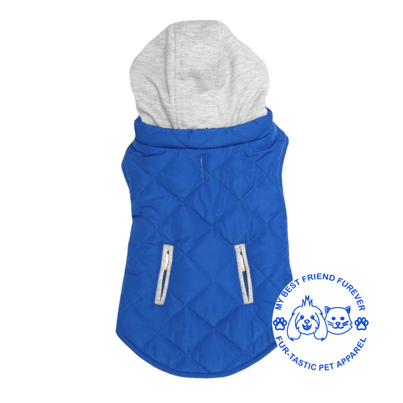 Quilted Weekender Dog Sweatshirt Hoodie -Zip-Off Hood & Reflective Stripes - Cozy Jersey Lined Puffer for Pets - My Best Friend Furever