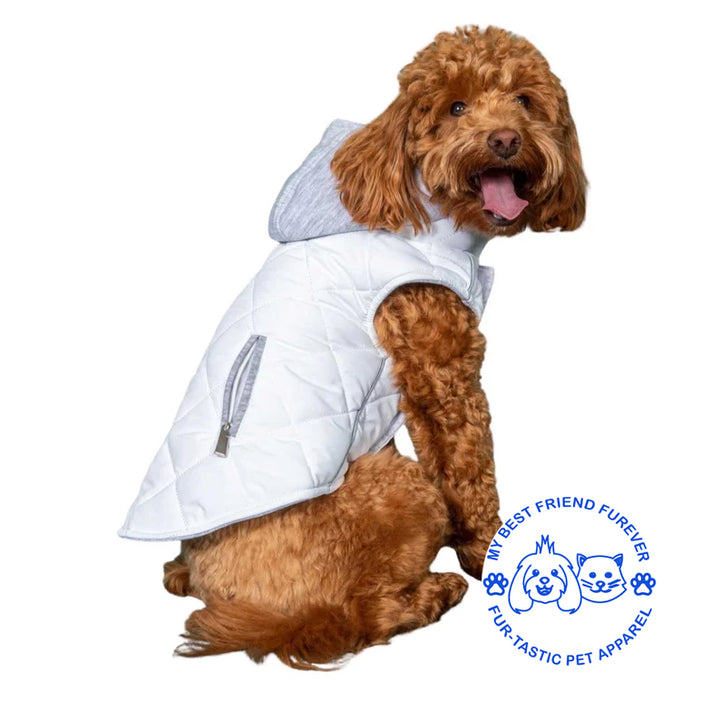 Quilted Weekender Dog Sweatshirt Hoodie -Zip-Off Hood & Reflective Stripes - Cozy Jersey Lined Puffer for Pets - My Best Friend Furever