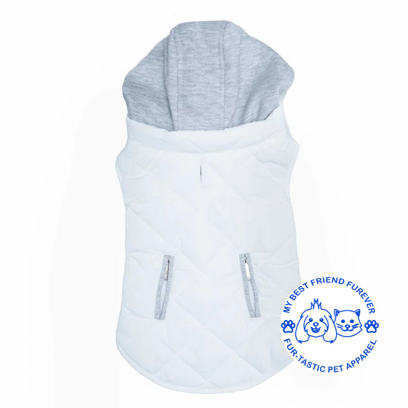 Quilted Weekender Dog Sweatshirt Hoodie -Zip-Off Hood & Reflective Stripes - Cozy Jersey Lined Puffer for Pets - My Best Friend Furever