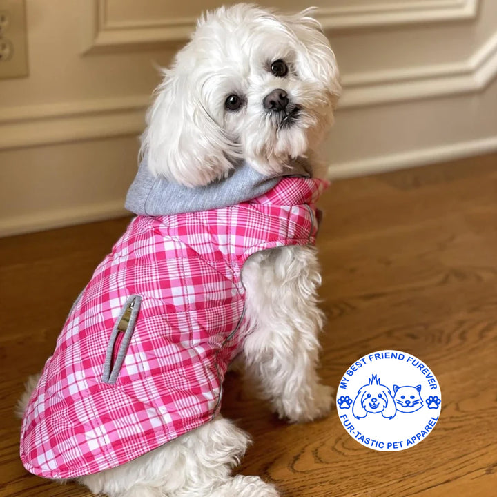 Plaid Weekender Dog Sweatshirt Hoodie - Quilted, Reflective & Jersey-Lined Puffer with Zip-Off Hood - Stylish Pet Outerwear - My Best Friend Furever