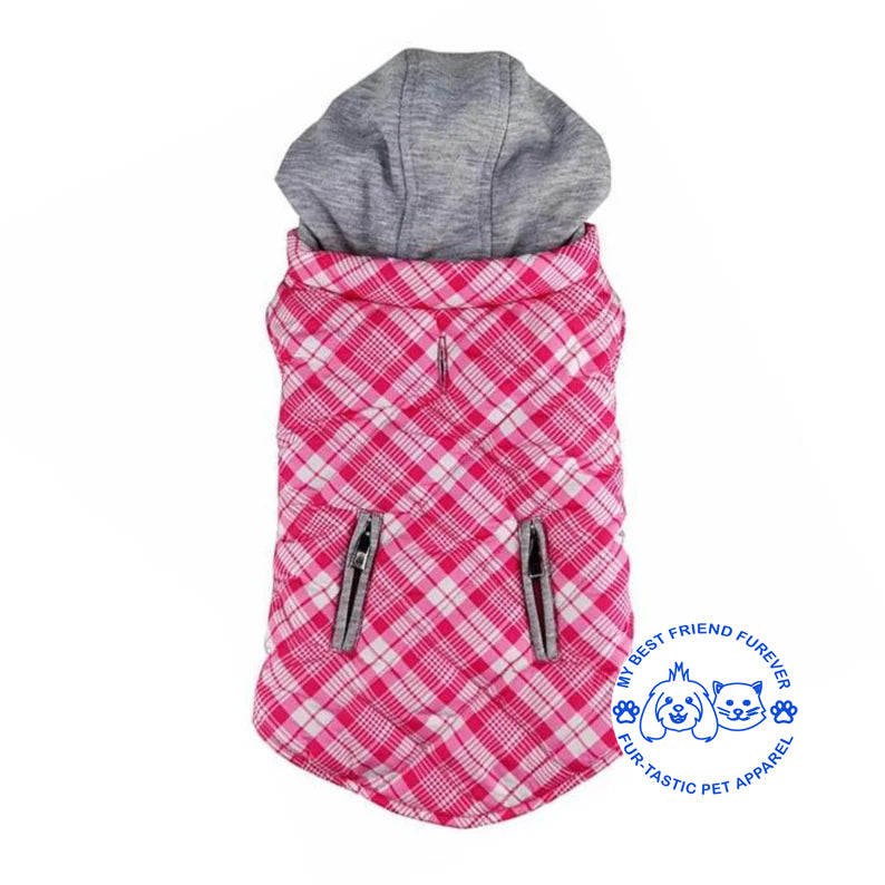 Plaid Weekender Dog Sweatshirt Hoodie - Quilted, Reflective & Jersey-Lined Puffer with Zip-Off Hood - Stylish Pet Outerwear - My Best Friend Furever