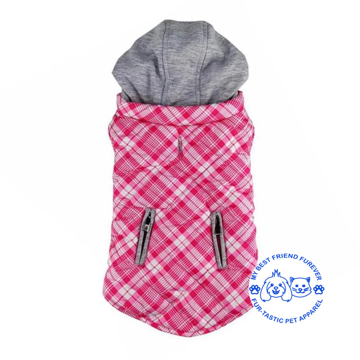 Plaid Weekender Dog Sweatshirt Hoodie - Quilted, Reflective & Jersey-Lined Puffer with Zip-Off Hood - Stylish Pet Outerwear - My Best Friend Furever