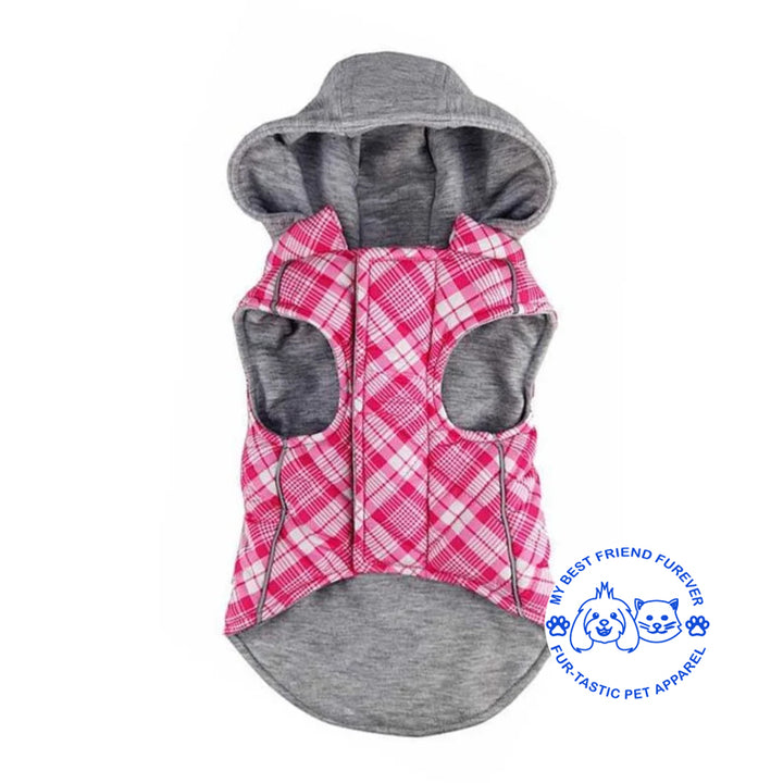 Plaid Weekender Dog Sweatshirt Hoodie - Quilted, Reflective & Jersey-Lined Puffer with Zip-Off Hood - Stylish Pet Outerwear - My Best Friend Furever