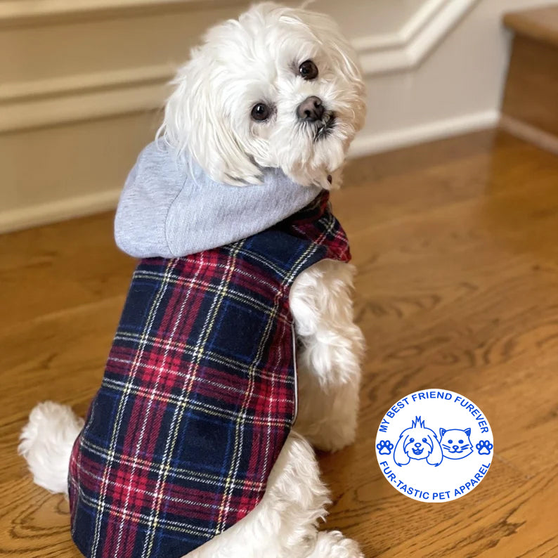 Plaid Weekender Dog Sweatshirt Hoodie - Quilted, Reflective & Jersey-Lined Puffer with Zip-Off Hood - Stylish Pet Outerwear - My Best Friend Furever