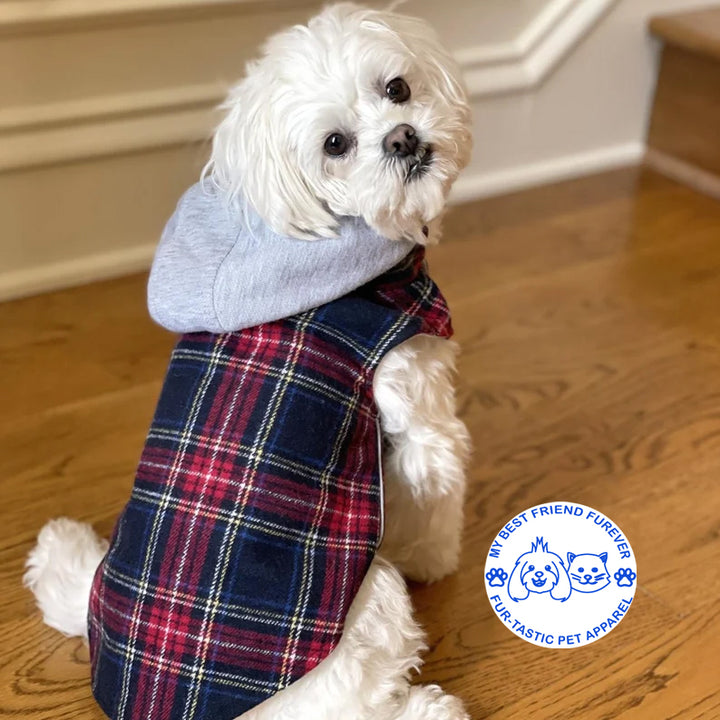 Plaid Weekender Dog Sweatshirt Hoodie - Quilted, Reflective & Jersey-Lined Puffer with Zip-Off Hood - Stylish Pet Outerwear - My Best Friend Furever