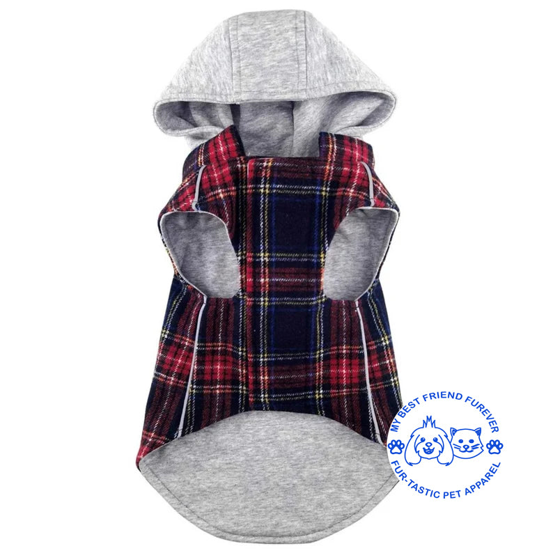 Plaid Weekender Dog Sweatshirt Hoodie - Quilted, Reflective & Jersey-Lined Puffer with Zip-Off Hood - Stylish Pet Outerwear - My Best Friend Furever