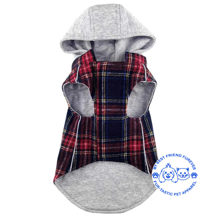 Plaid Weekender Dog Sweatshirt Hoodie - Quilted, Reflective & Jersey-Lined Puffer with Zip-Off Hood - Stylish Pet Outerwear - My Best Friend Furever