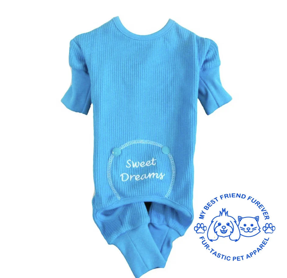 Sweet Dreams Embroidered Dog Pajamas - Stylish Pet Sleepwear in Various Colors with Open Tail End - My Best Friend Furever