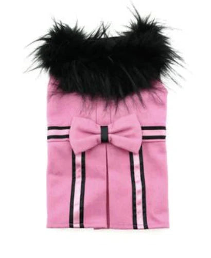 Wool Dog Coat with Faux Fur Collar - Harness Style with Black Fur Trim and Accent Buttons - Elegant Pet Outerwear - My Best Friend Furever