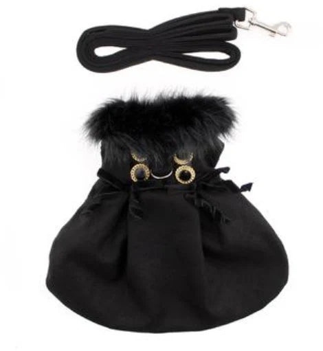 Wool Dog Coat with Faux Fur Collar - Harness Style with Black Fur Trim and Accent Buttons - Elegant Pet Outerwear - My Best Friend Furever
