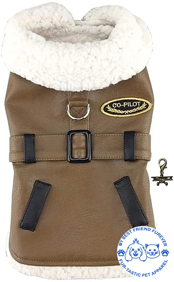 Classic Bomber and Flight Harness Coats for Dogs - Faux Leather with Shearling Lining & Matching Leash - My Best Friend Furever