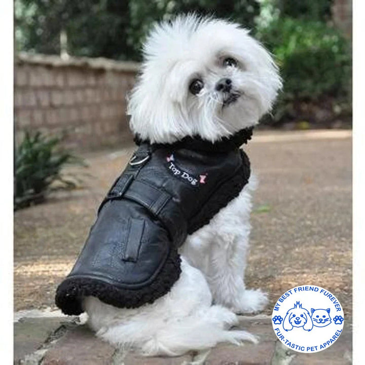 Classic Bomber and Flight Harness Coats for Dogs - Faux Leather with Shearling Lining & Matching Leash - My Best Friend Furever