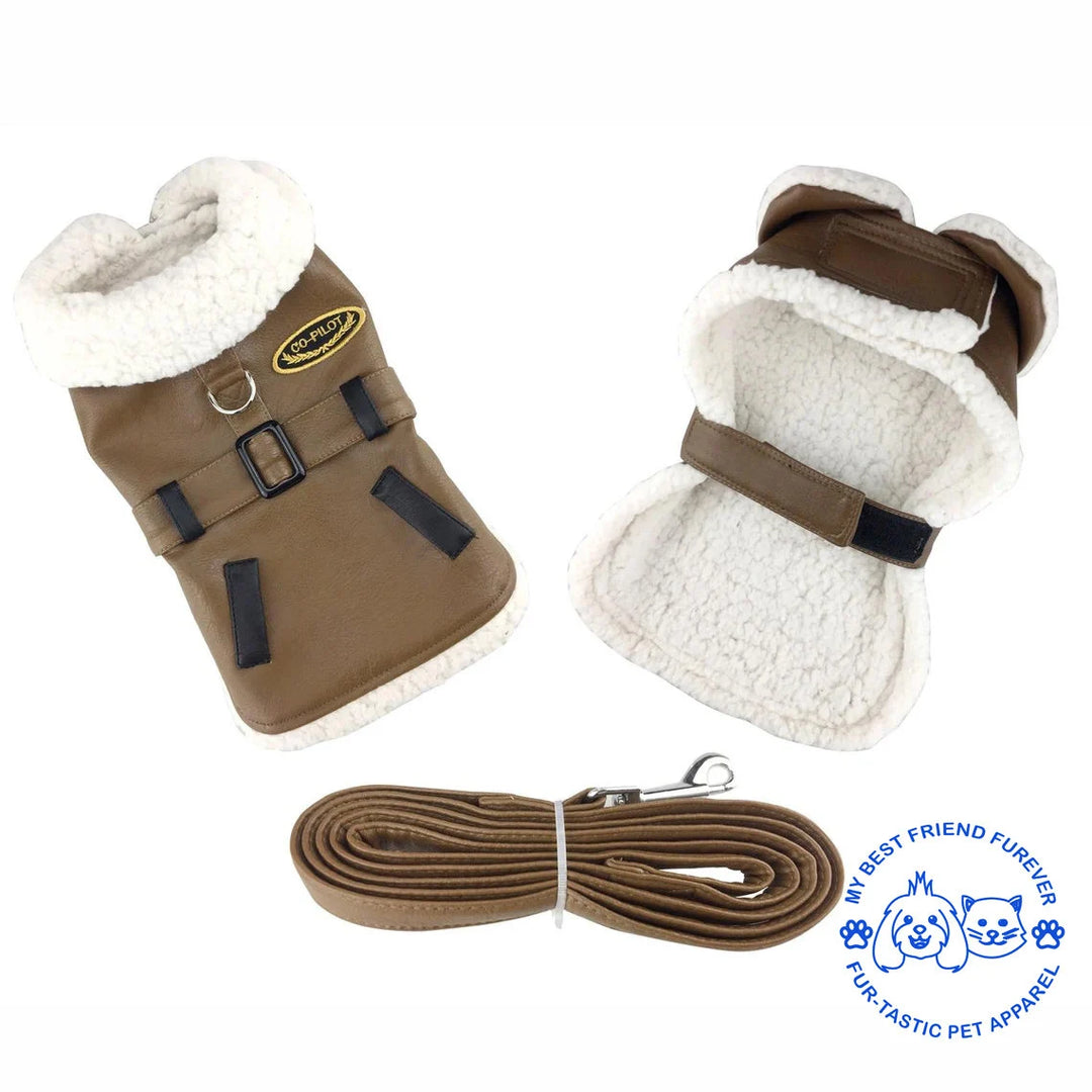 Classic Bomber and Flight Harness Coats for Dogs - Faux Leather with Shearling Lining & Matching Leash - My Best Friend Furever