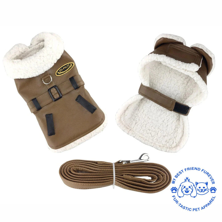 Classic Bomber and Flight Harness Coats for Dogs - Faux Leather with Shearling Lining & Matching Leash - My Best Friend Furever