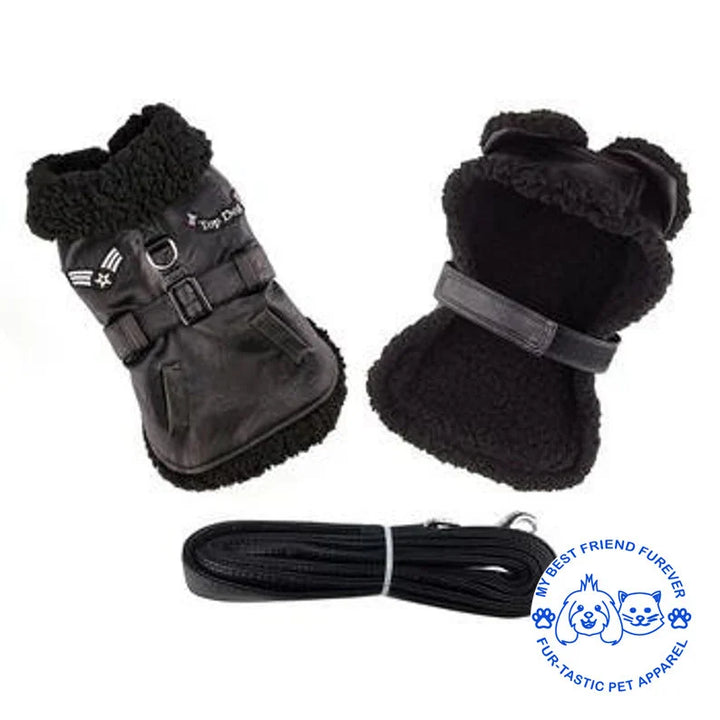 Classic Bomber and Flight Harness Coats for Dogs - Faux Leather with Shearling Lining & Matching Leash - My Best Friend Furever