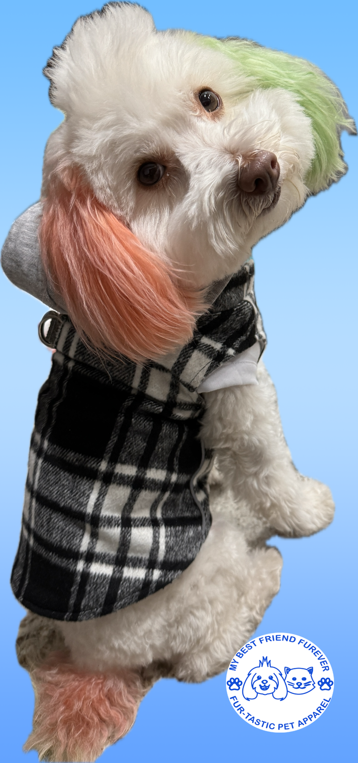 Plaid Weekender Dog Sweatshirt Hoodie - Quilted, Reflective & Jersey-Lined Puffer with Zip-Off Hood - Stylish Pet Outerwear - My Best Friend Furever