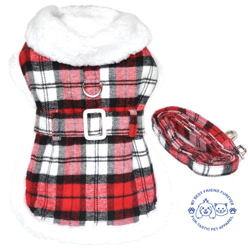 Sherpa Lined Dog Harness Coat - Designer Classic with Warm Fleece Collar & Leash - High-Quality Cotton/Polyblend Outer - My Best Friend Furever