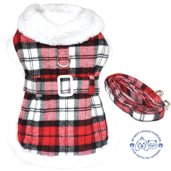 Sherpa Lined Dog Harness Coat - Designer Classic with Warm Fleece Collar & Leash - High-Quality Cotton/Polyblend Outer - My Best Friend Furever