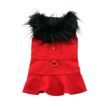 Wool Dog Coat with Faux Fur Collar - Harness Style with Black Fur Trim and Accent Buttons - Elegant Pet Outerwear - My Best Friend Furever